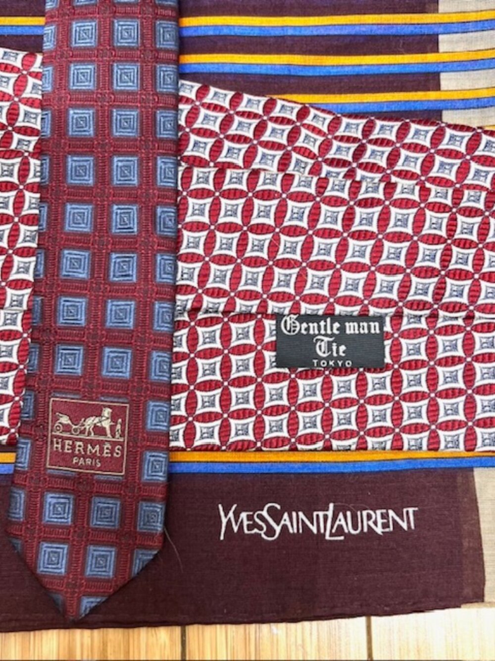 2 Neck ties Hermès Paris Silk France Made & Gentle Men +  1YSL Handkerchie (49) - Picture 3 of 16